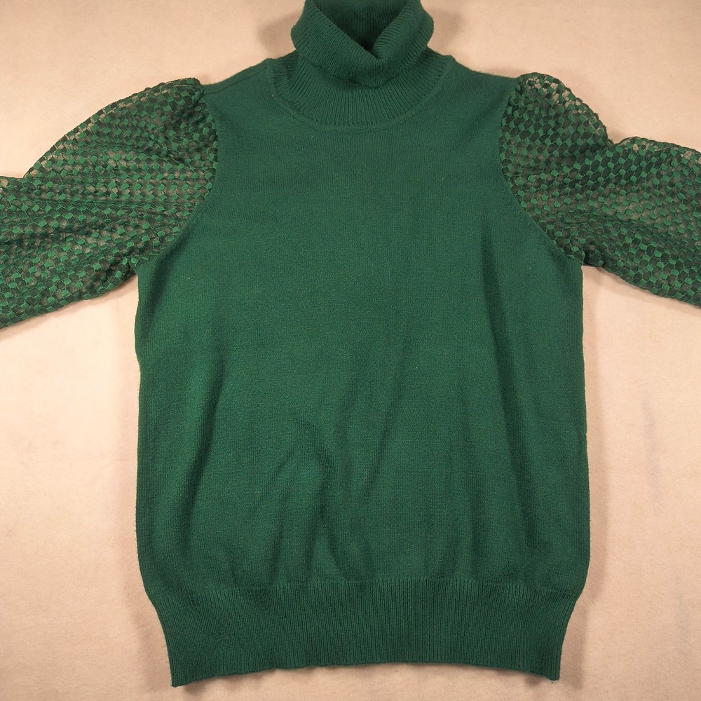 Marled Green Turtleneck Sweater Size M Sheer‎ Balloon Sleeve Pullover Chic Top - Picture 4 of 11